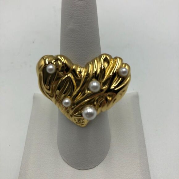 18K Gold Plated Women's Statement Heart Ring Faux Pearls Open Back Adjust Size - Picture 5 of 15